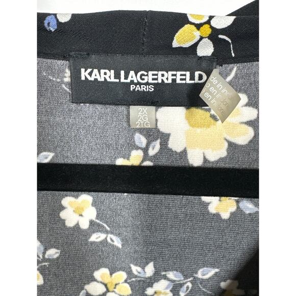 Karl Lagerfeld Paris Floral 3/4 Sleeve Blouse Cut Out Tie Neck Black Yellow 2X - Picture 4 of 10